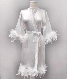 Bride Robe With Feathered Bride Kimono Satin Robe With Skirt | Etsy Elegant Robe With Feather Trim For Wedding Night, Elegant Satin Robe With Feathers, Wedding Satin Robe With Feathers, White Satin Honeymoon Robe, Fitted Satin Sleepwear For Wedding, Satin Wedding Dress With Feather Trim, Wedding Satin Dress With Feather Trim, Feathered Robe For Wedding Night, Elegant Satin Robe For Honeymoon