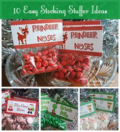 christmas themed candy bar with red and green candies, marshmallows, and reindeer signs