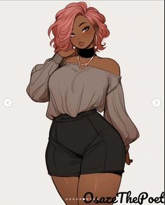 a drawing of a woman with pink hair wearing black shorts and an off the shoulder top