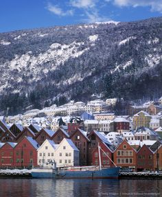 the snow covered mountains are in the background and houses along the water's edge