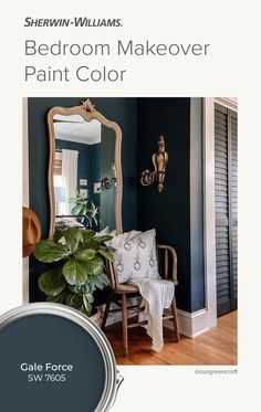 the bedroom makeover paint color is dark blue and has a potted plant next to it