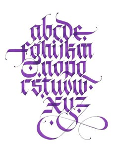 the letters are made up of different types of purple and black ink, including one that is