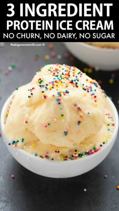 three ingredient protein ice cream no churn, no dairy, no sugar in a white bowl with sprinkles