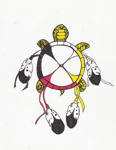 a drawing of a turtle with feathers on it's head and an arrow in the center