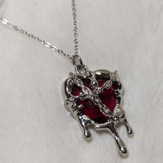 Goth Silver Jewelry, Silver Goth Jewelry, Ethereal Necklace, Silver Gothic Jewelry, Necklaces Heart, Necklace Red, Blood Jewelry, Red Rose Jewelry, Gothic Necklaces