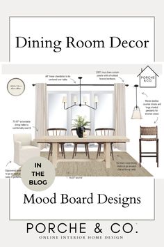 the dining room decor mood board is shown in white and black, with text describing how to