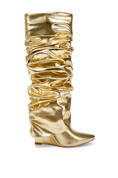 ZUMMA-GOLD WEDGE BOOT | AZALEA WANG Gold Wedges, Gold Boots, Shoes Heels Classy, Heels Classy, Best Running Shoes, How To Stretch Boots, Stylish Boots, Fur Boots, Sandals For Sale