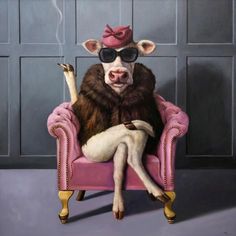 a painting of a cow sitting in a pink chair with sunglasses on it's head