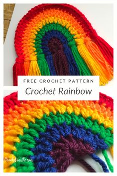 the crochet rainbow hat is shown with text overlay that says free crochet pattern