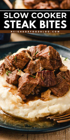 Want more meat main dishes? Here's a simple steak recipe in the crock pot! Tender, juicy, and full of garlic butter juices, these Slow Cooker Steak Bites are such a yummy comfort food dinner! Crock Pot Tri Tip, Tbone Steak In Crock Pot, Beef Top Sirloin Steak Recipes Crock Pot, Steak Tidbits Recipes, Beef Eye Of Round Steak Recipes Crockpot, Steak Bites Crockpot Slow Cooker, Steak Bites Dinner Ideas, Sirloin Steak Crockpot Recipes, Crock Pot Steak Recipes