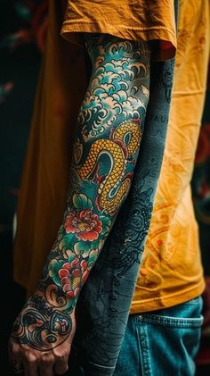 Colorful sleeve tattoo design with dragon and floral motifs, showcasing skilled artistry and vibrant colors. Arm Tattoos Color, Traditional Japanese Tattoo Sleeve, Colorful Sleeve Tattoos, Japanese Tattoos For Men, Tattoo Japanese Style, Torso Tattoos, Funky Tattoos, Men Tattoos Arm Sleeve, Full Arm Tattoos