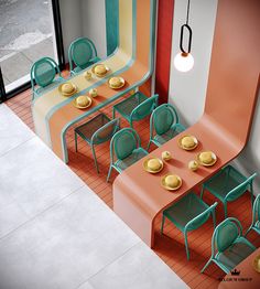 an aerial view of a dining room with chairs and tables in the shape of a staircase