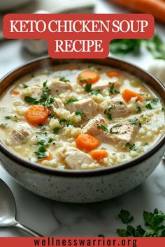 a bowl of chicken soup with carrots and parsley