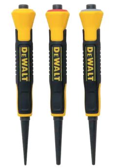 three dewt screwdrivers are shown in three different sizes and colors, one is yellow and the other is black