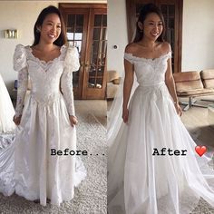 before and after photos of a wedding dress with long sleeves on the shoulders, worn by a woman in an off - white gown