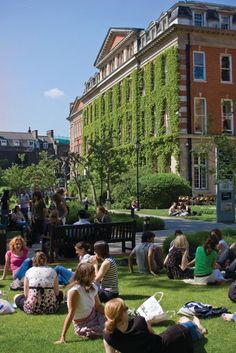 many people are sitting on the grass in front of buildings