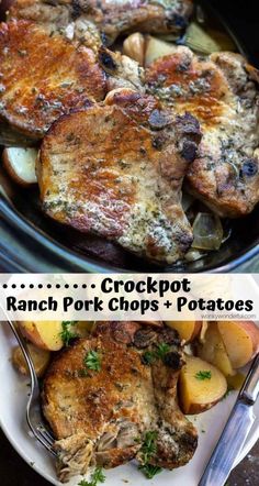 crockpot ranch pork chops and potatoes on a plate