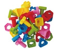 a pile of colorful plastic toy screws on a white background