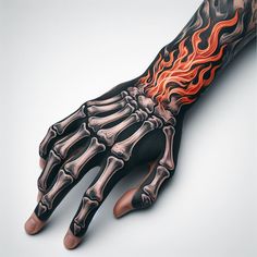 a hand with flames painted on it and an orange flame coming out of the palm