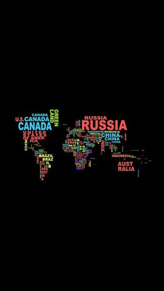 the world map is made up of words that spell out countries and their names in different colors