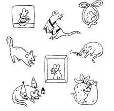 an ink drawing of some animals and mice