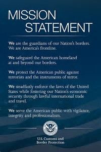 the u s customs seal is shown in this blue and white poster with words that read, mission statement we are the guards of our nation's borders