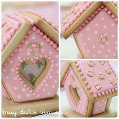 some pink and white decorated cookies in the shape of houses with hearts, flowers and polka dots