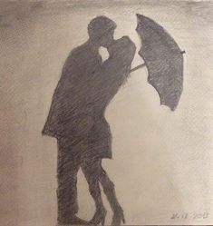 a drawing of a man and woman kissing under an umbrella with their arms around each other