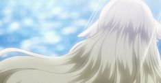 an anime character with long white hair looking up at the sky