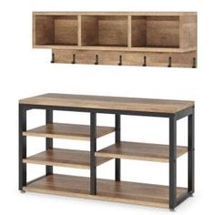 a shelf with two open shelves next to each other and a wall mounted shelving unit