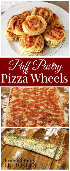 puff pastry pizza wheels with text overlay