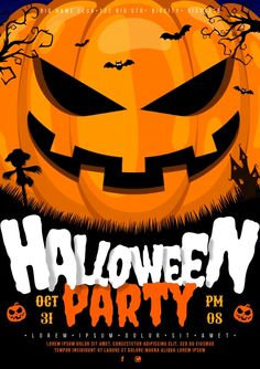 a halloween party poster with pumpkins and bats