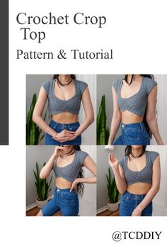 the front and back of a woman's cropped top, with four pictures of her