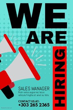 we are hiring flyer with megaphone and hand holding loud speaker in red and black