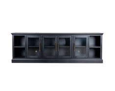 a black entertainment center with glass doors on the front and bottom shelf, against a white background