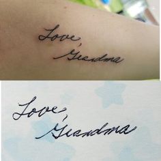 two different tattoos that say love and someone else is in cursive writing on their arm