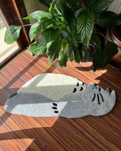 a cat rug on the floor next to a potted plant