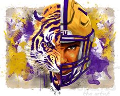 a painting of a tiger wearing a football helmet with the word lsu painted on it