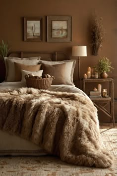 a bedroom with brown walls and fur on the comforter, bedding and pillows