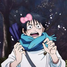 an anime character with black hair and blue eyes is holding a scarf in front of her face