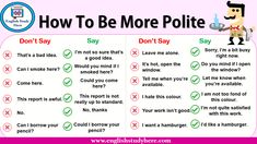 a poster with the words how to be more polite and don't say on it