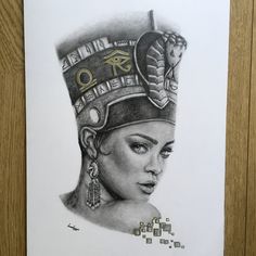 a drawing of a woman wearing a hat with egyptian symbols on it's head