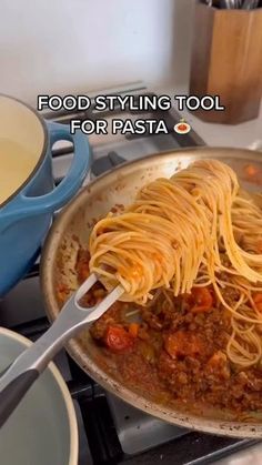 pasta being cooked in a skillet on the stove with words overlay reading food styling tool for pasta