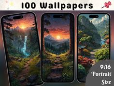 three iphone cases with an image of mountains and trees on them, one is showing the sunset