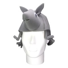 a white mannequin head wearing a gray hat with horns and eyes on it