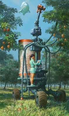 a woman standing on top of a machine in the grass next to an orange tree