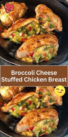 broccoli cheese stuffed chicken breast in a cast iron skillet with text overlay