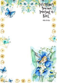 a greeting card with blue flowers and a fairy on the front, surrounded by butterflies