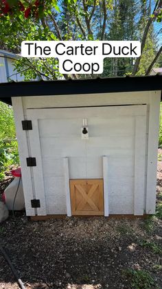 an outdoor coop with the door open and text overlay that reads, the carter duck coop