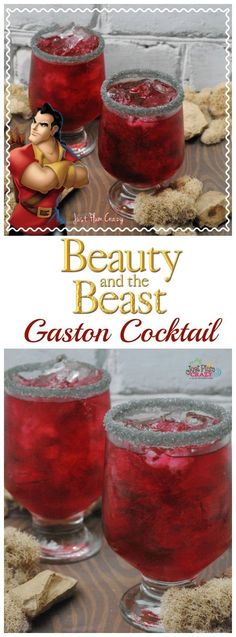 the beauty and the beast caston cocktail is shown in two separate glasses, one with red